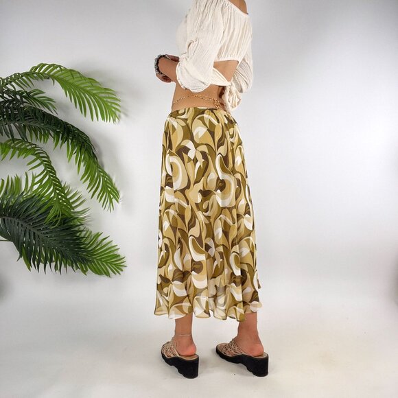 Vintage Y2K Beige Abstract Boho Hippie Low Rise Fairy Grunge Midi Skirt / 12 - Picture 2 of 5
